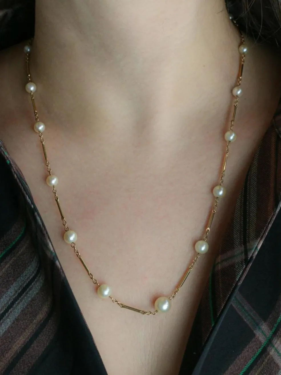Collier chaine vintage batons or jaune perles
