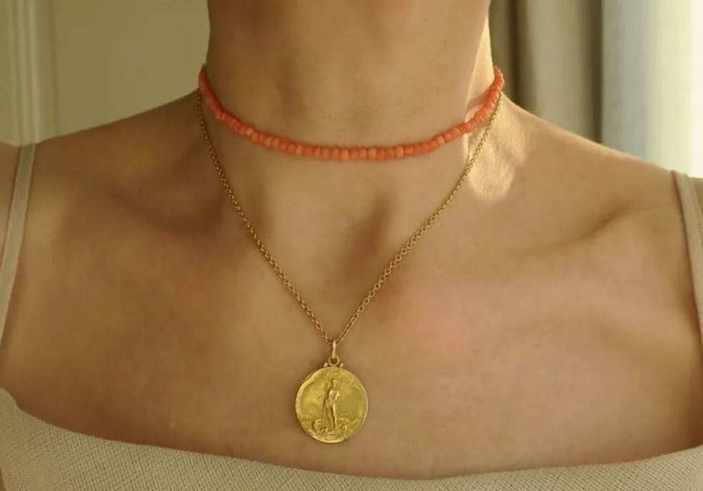 Collier choker 19e siècle corail or rose