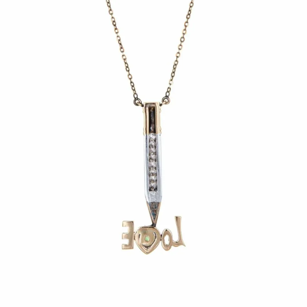 Collier crayon diamant Love des années 70, bijou vintage en or jaune 14 carats et jade