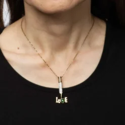 Collier crayon diamant Love des années 70, bijou vintage en or jaune 14 carats et jade