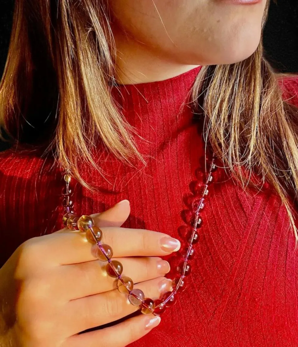 Collier de perles alternées en améthyste et en quartz citrine