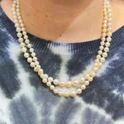 Collier de perles ancien double rang, fermoir or et diamants