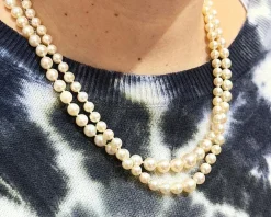 Collier de perles ancien double rang, fermoir or et diamants