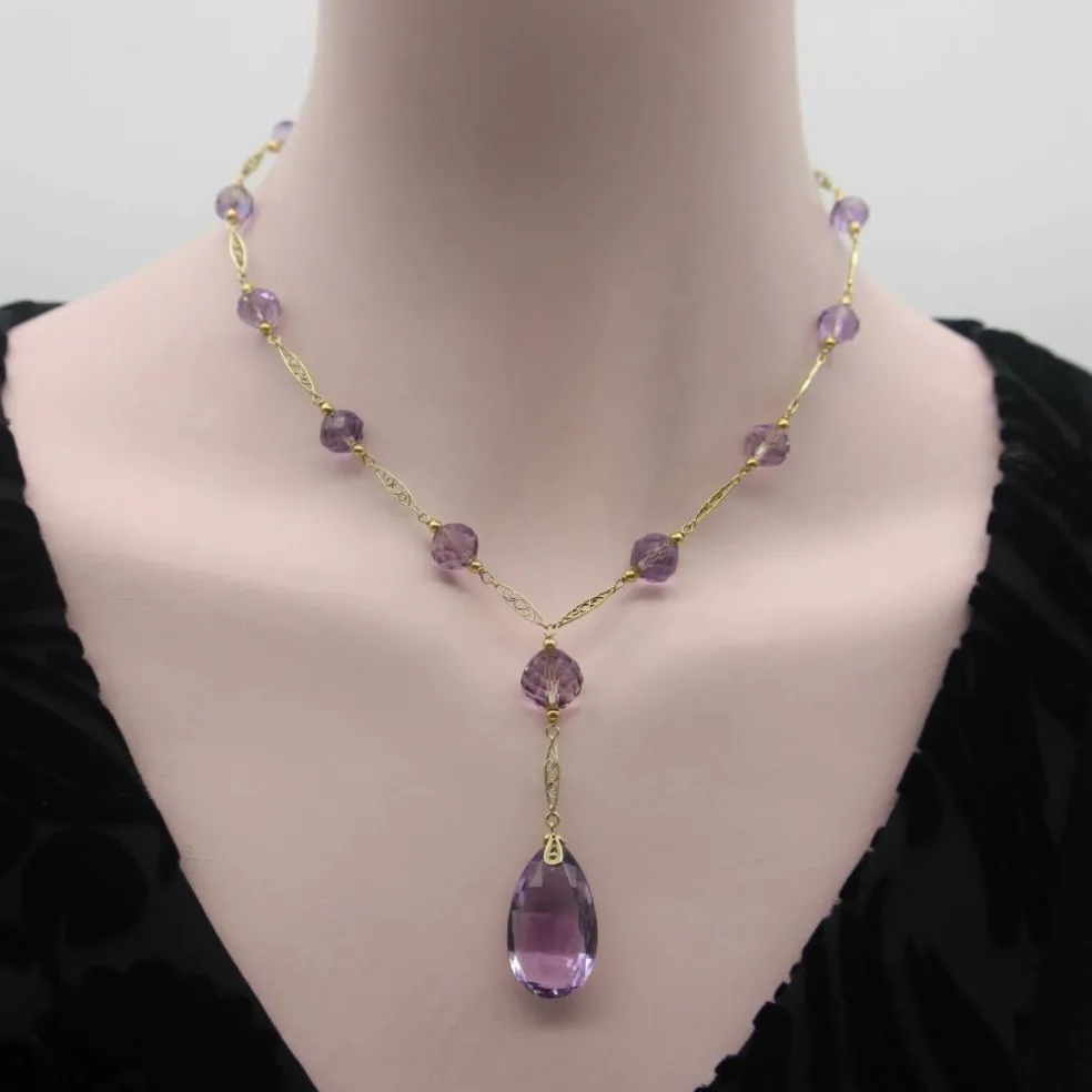 Collier de perles d’améthyste rose en or édouardien