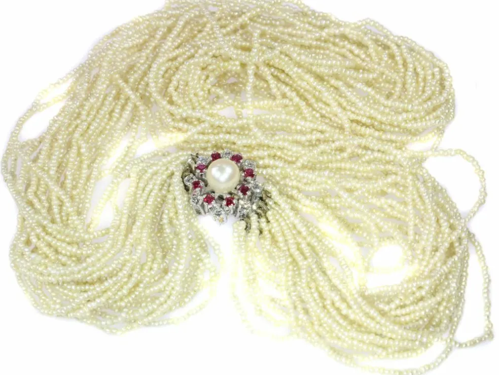 Collier de perles, diamant, rubis