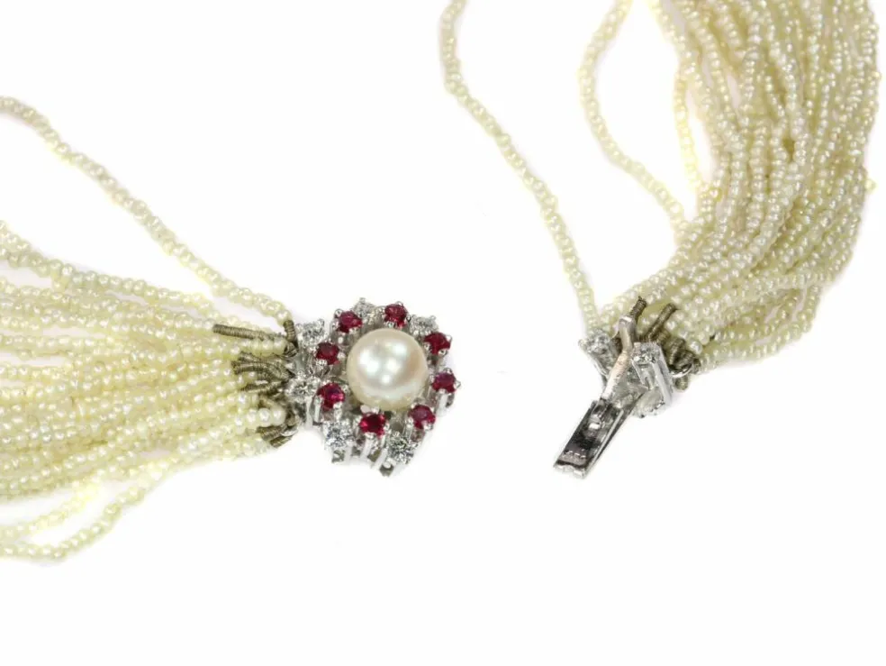 Collier de perles, diamant, rubis