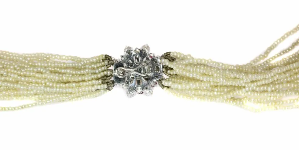 Collier de perles, diamant, rubis