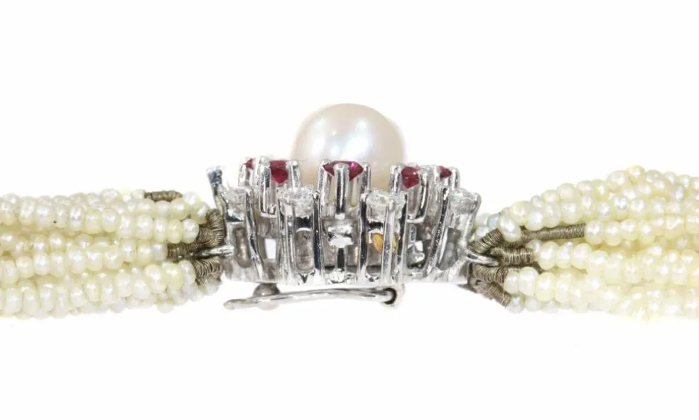 Collier de perles, diamant, rubis