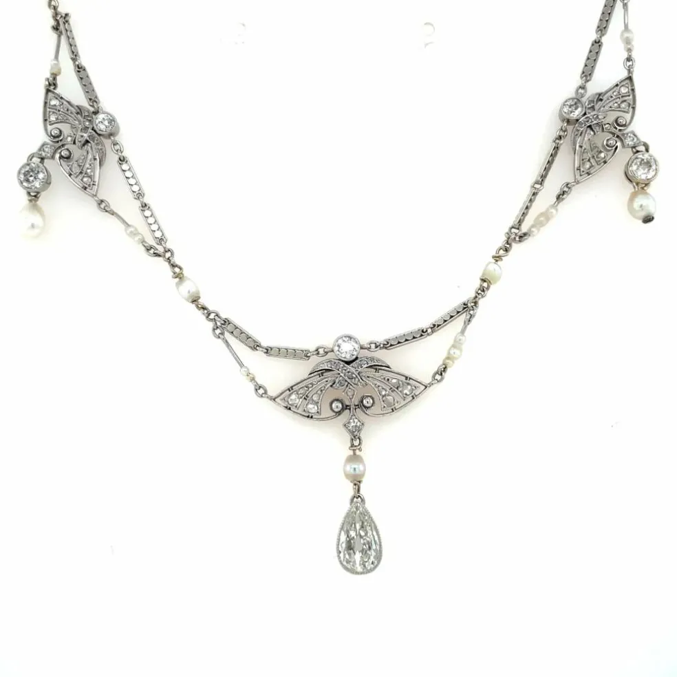 Collier de perles naturelles édouardiennes en diamants en platine