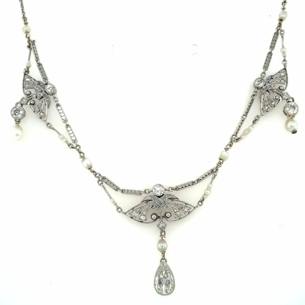 Collier de perles naturelles édouardiennes en diamants en platine