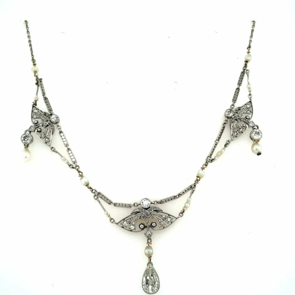 Collier de perles naturelles édouardiennes en diamants en platine