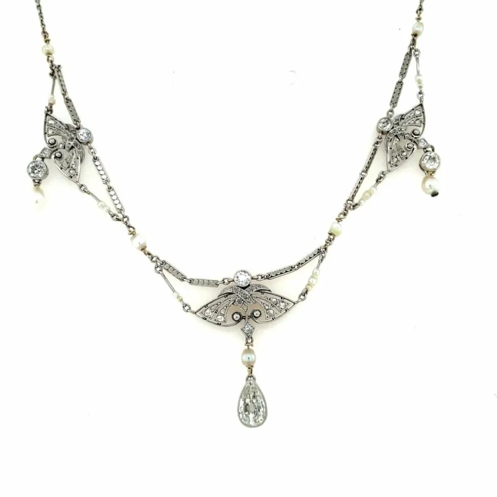 Collier de perles naturelles édouardiennes en diamants en platine