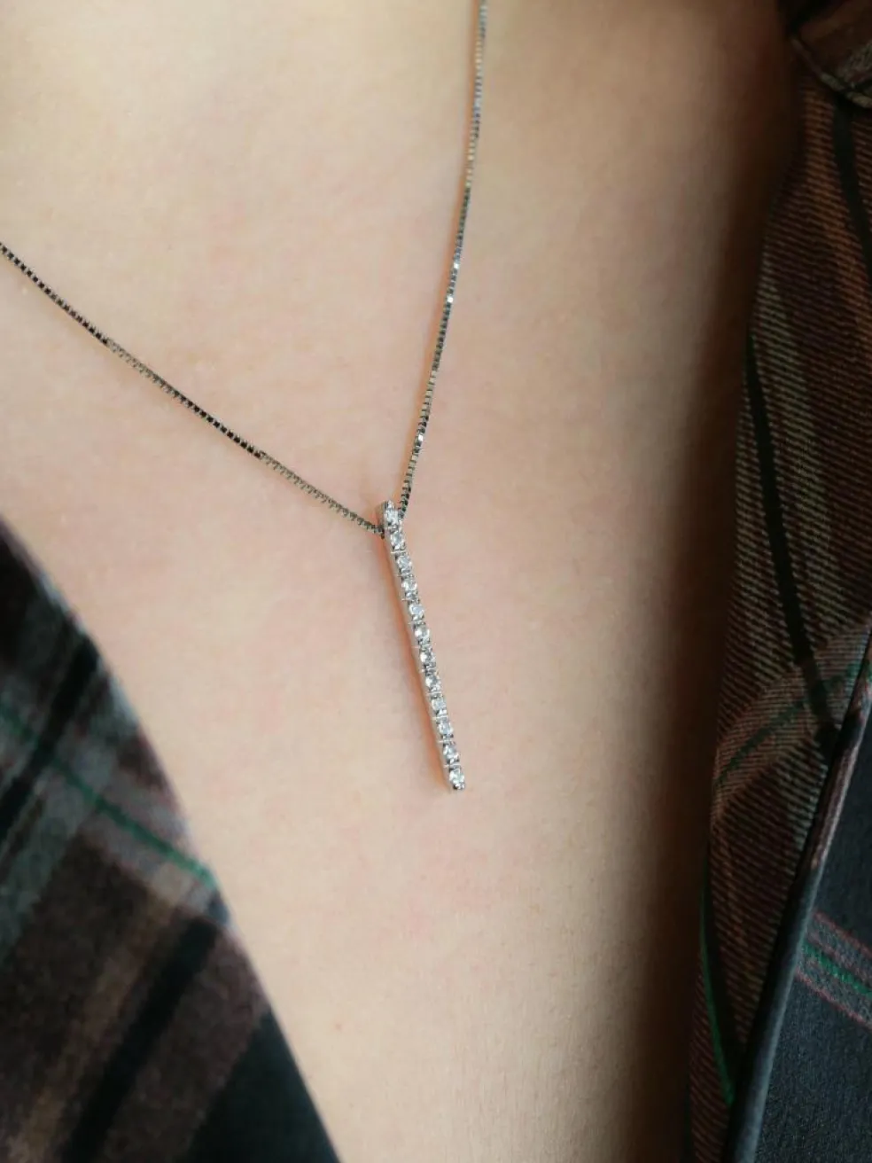 Collier diamant barrette verticale or blanc