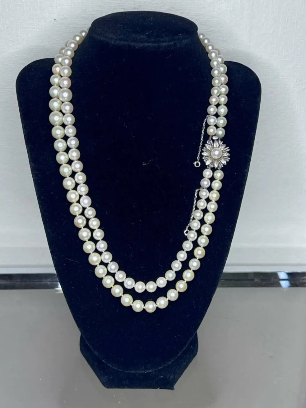 Collier Double Rangs 124 Perles de culture, fermoir or et diamants