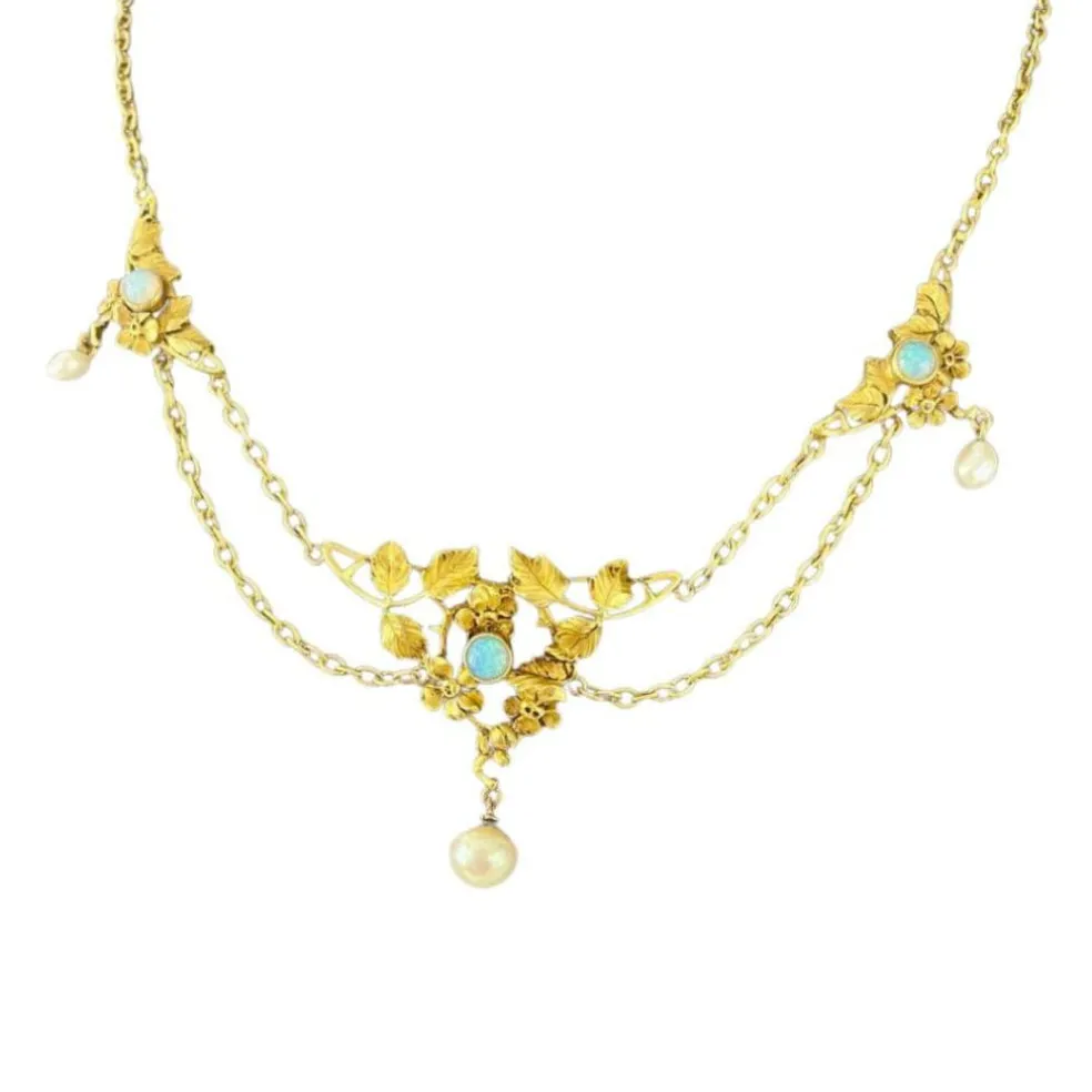Collier Draperie Or Opales Perles Fines