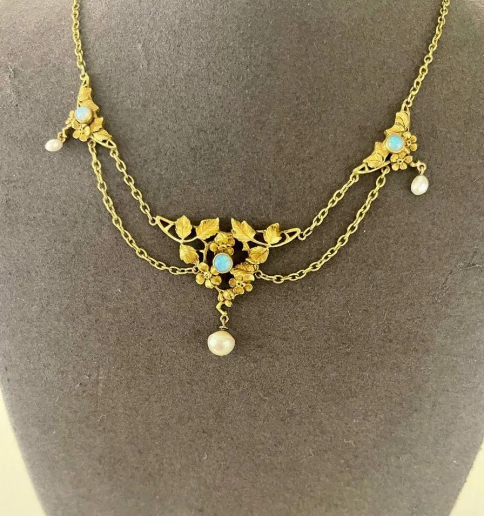 Collier Draperie Or Opales Perles Fines