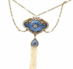 Collier 19e perles fines, diamant et émail, or jaune