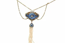 Collier 19e perles fines, diamant et émail, or jaune