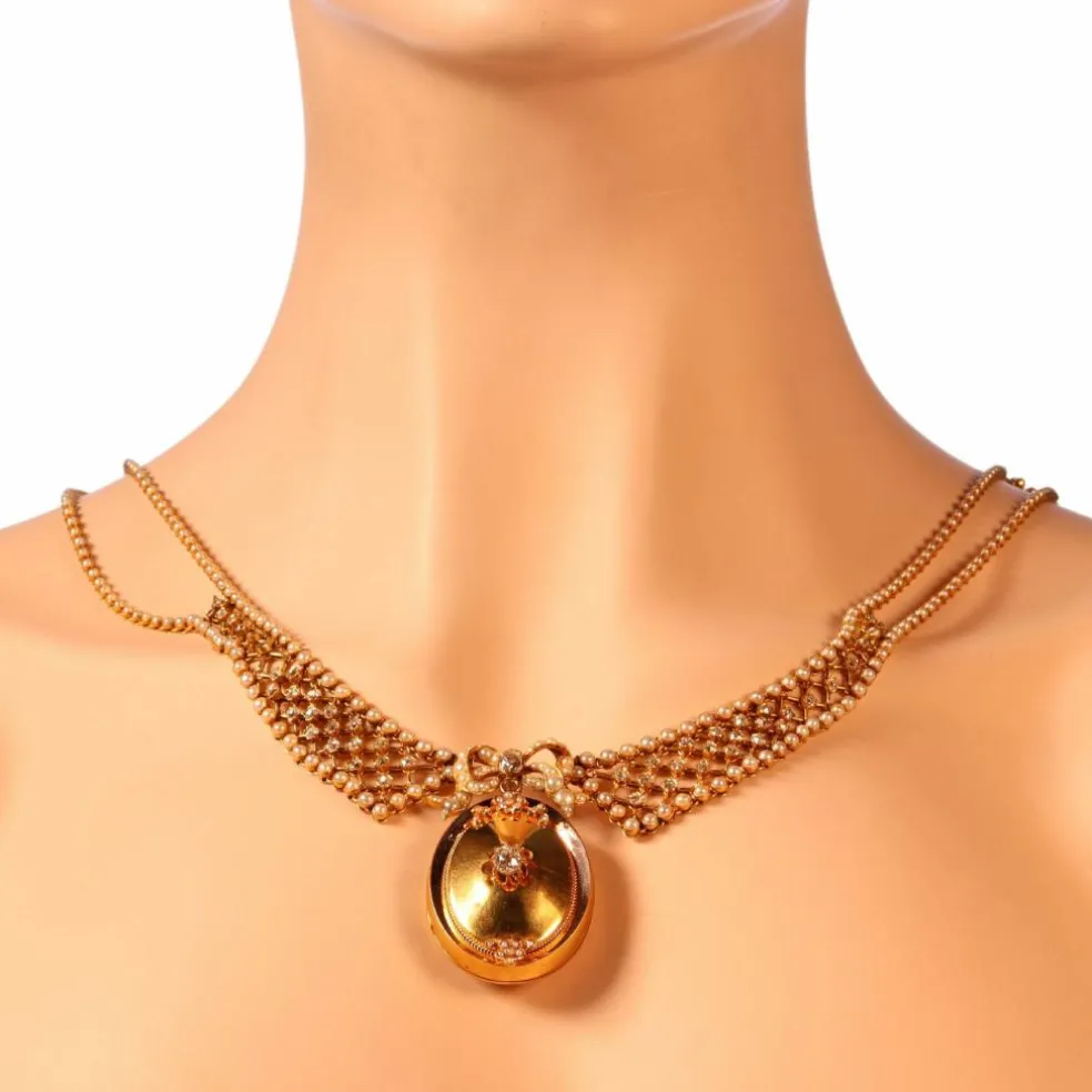 Collier en diamant victorien luxueux ensemble en or et perles