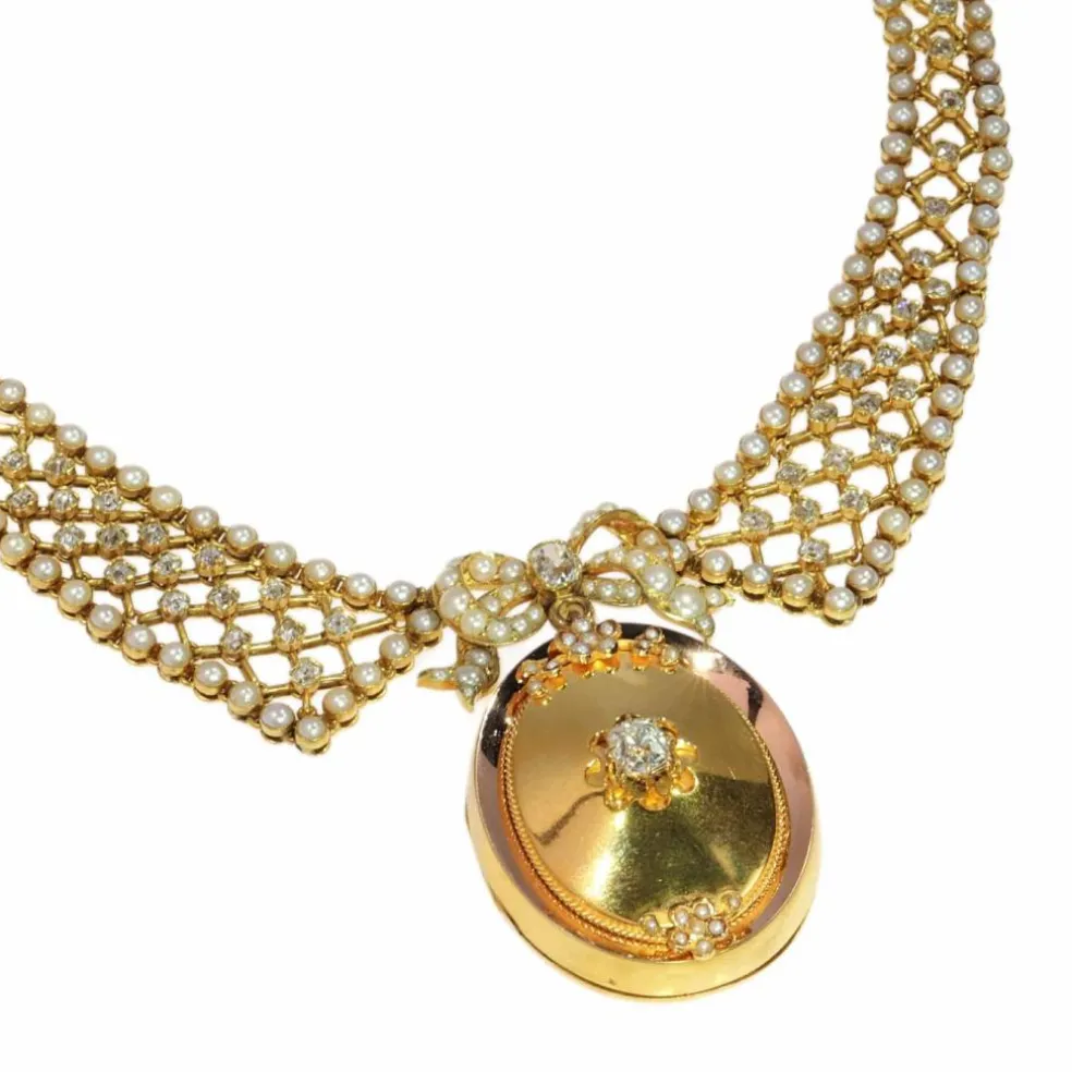Collier en diamant victorien luxueux ensemble en or et perles