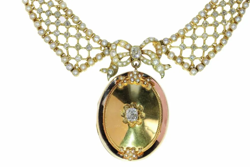 Collier en diamant victorien luxueux ensemble en or et perles