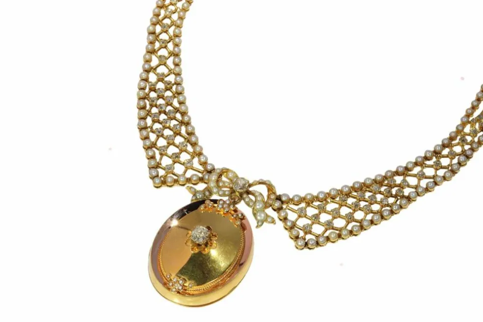 Collier en diamant victorien luxueux ensemble en or et perles