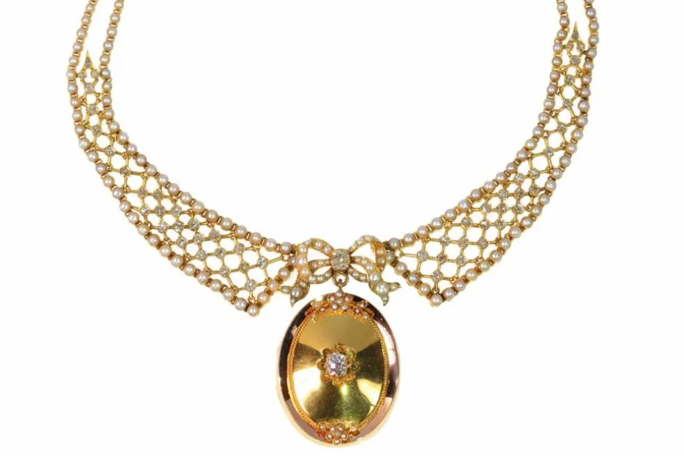 Collier en diamant victorien luxueux ensemble en or et perles