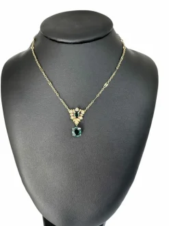 Collier en or jaune tourmaline, indigolite et diamants certificat IGI