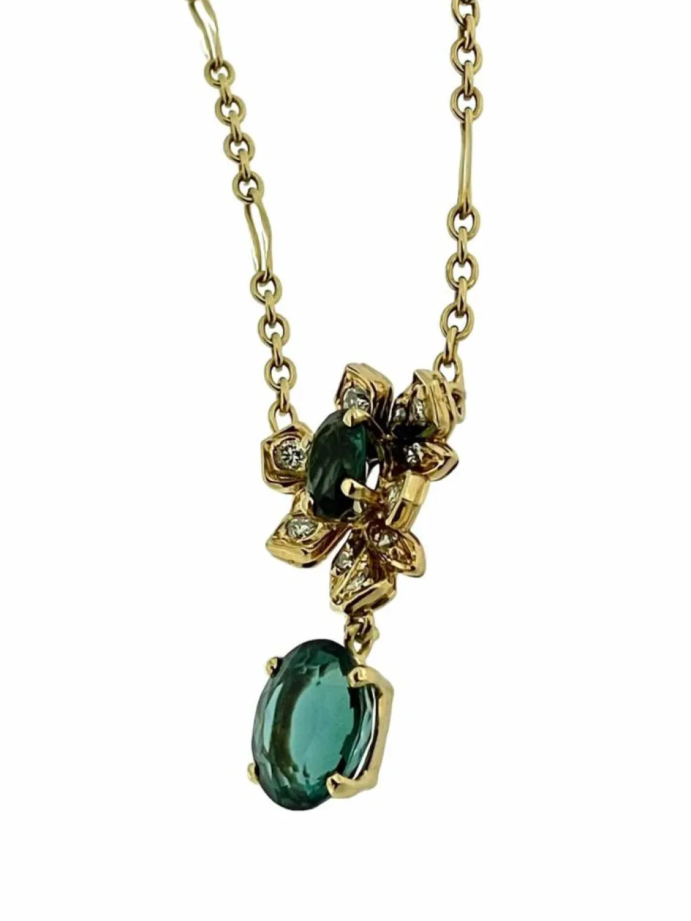 Collier en or jaune tourmaline, indigolite et diamants certificat IGI