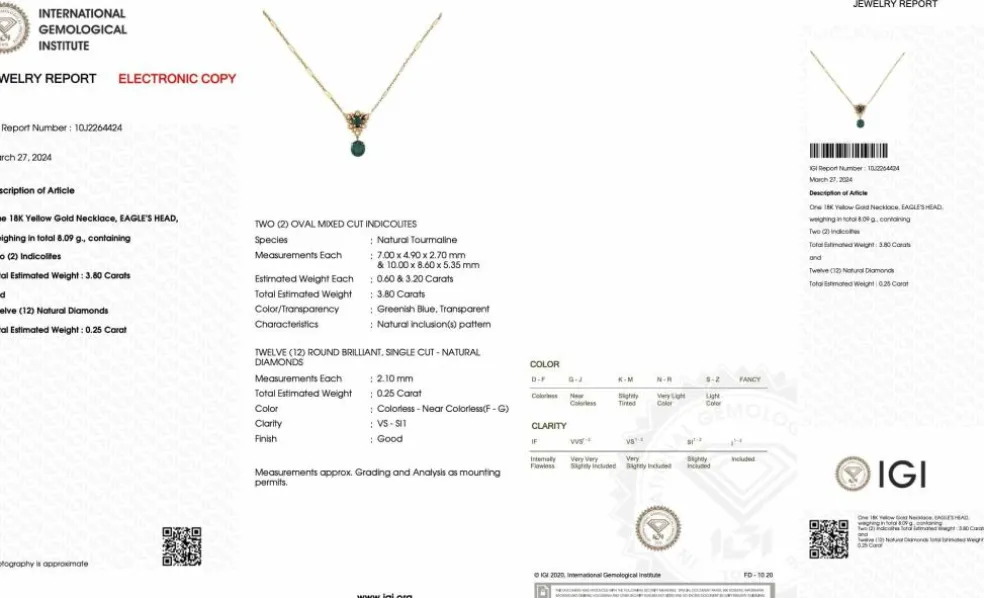 Collier en or jaune tourmaline, indigolite et diamants certificat IGI
