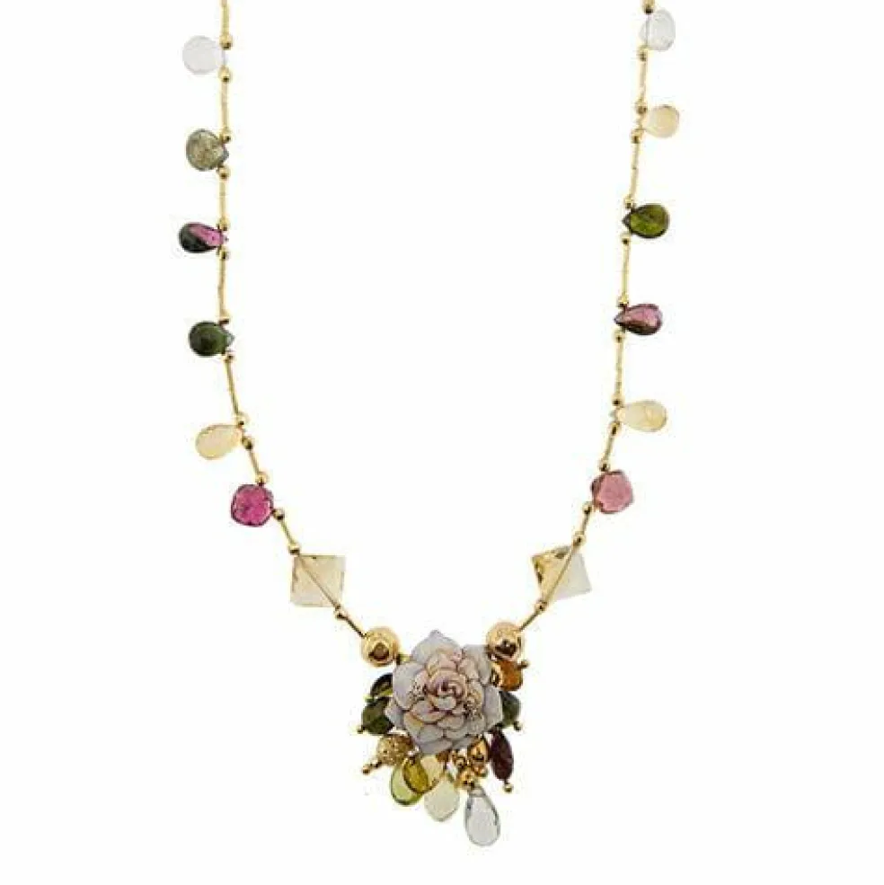 Collier fleur émaillée, diamants et pierres précieuses