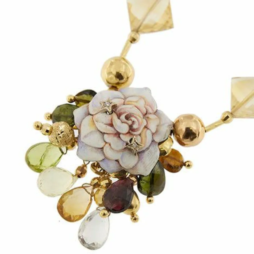 Collier fleur émaillée, diamants et pierres précieuses