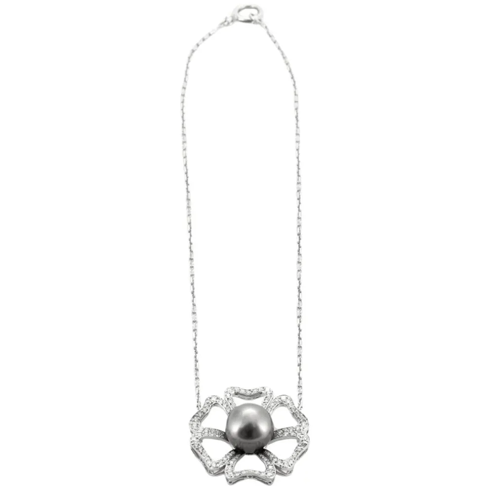 Collier fleur Or blanc Diamants Perle
