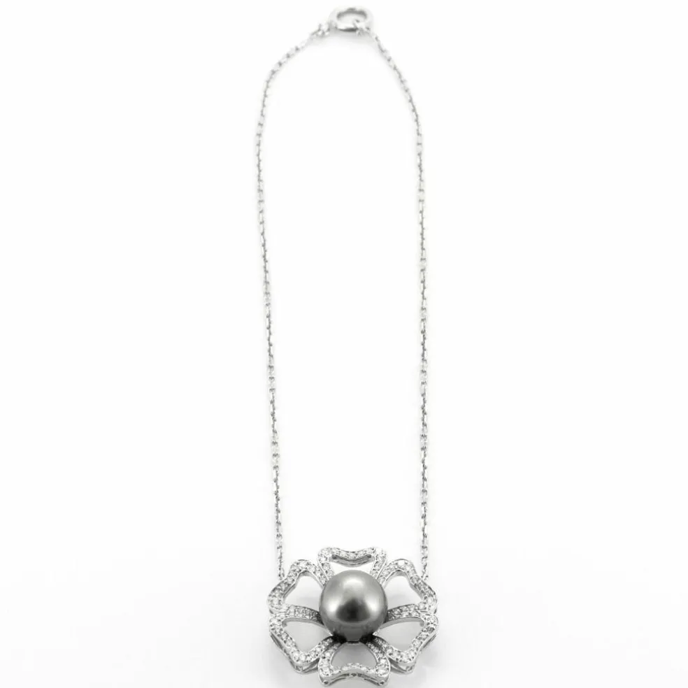 Collier fleur Or blanc Diamants Perle