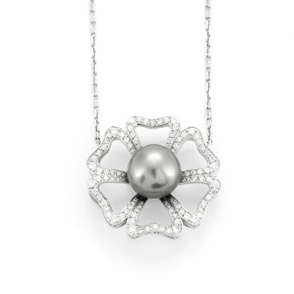 Collier fleur Or blanc Diamants Perle