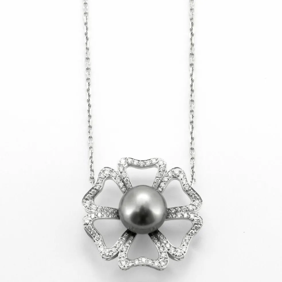 Collier fleur Or blanc Diamants Perle
