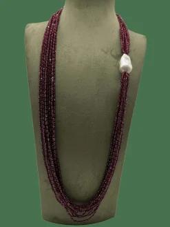 Collier grenats perles baroques, fermoir Bakélite