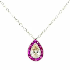 Collier Halo Diamant Rubis Platine