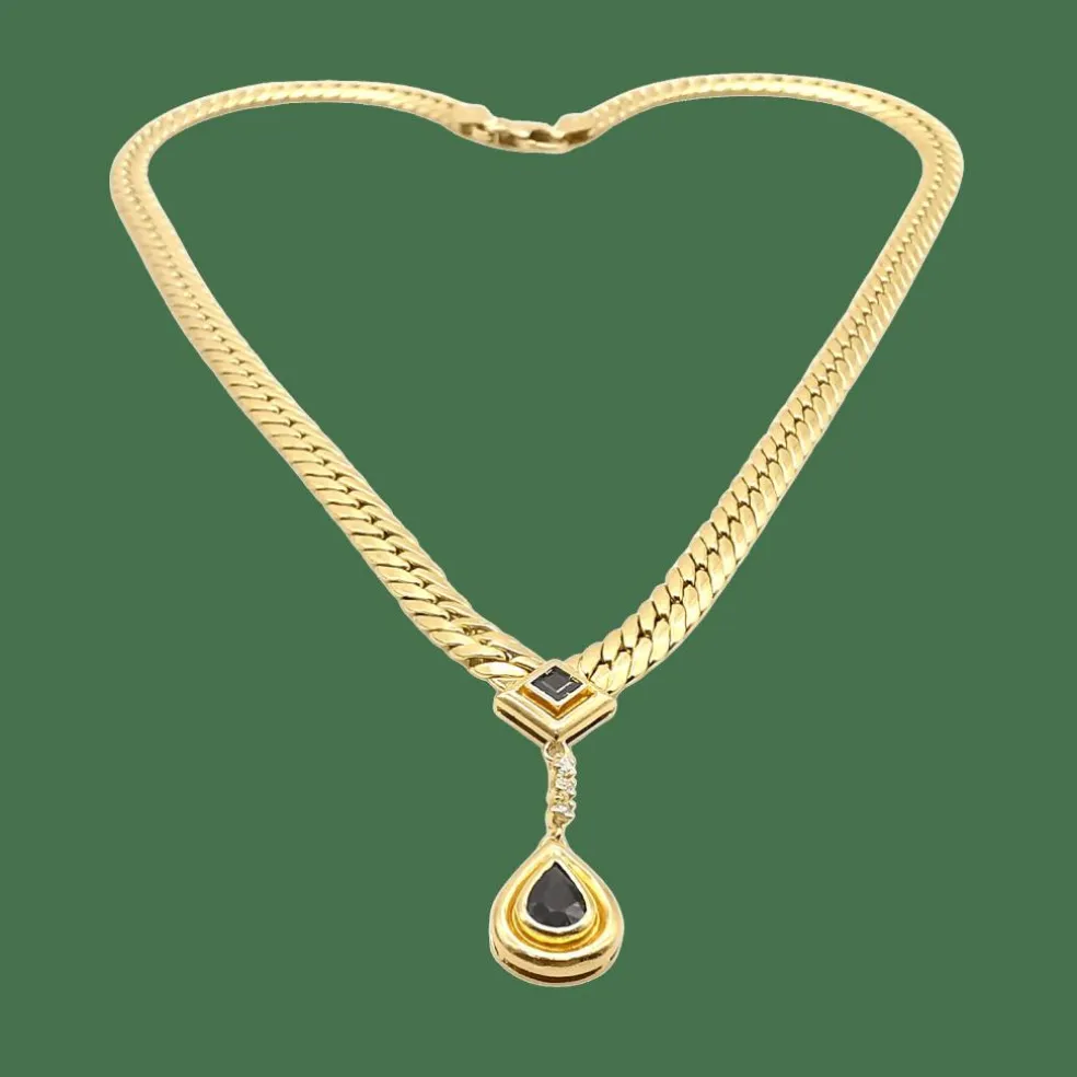 Collier maille anglaise or jaune, saphirs, diamants