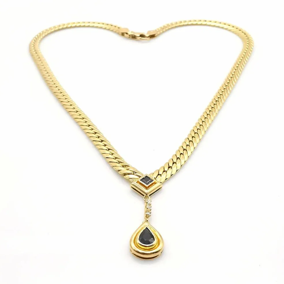 Collier maille anglaise or jaune, saphirs, diamants