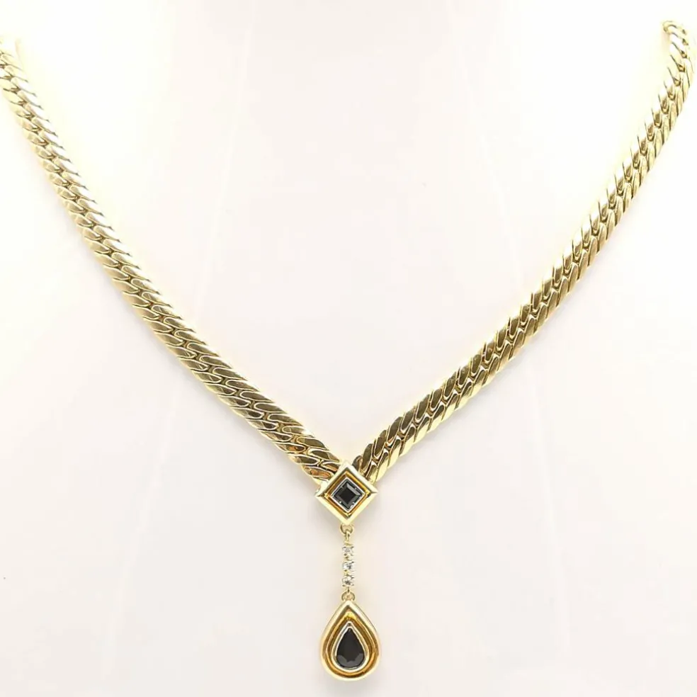 Collier maille anglaise or jaune, saphirs, diamants