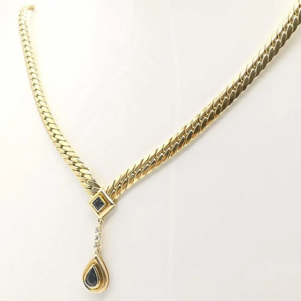 Collier maille anglaise or jaune, saphirs, diamants