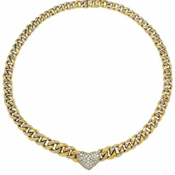 Collier maille gourmette, coeur pavé diamants.