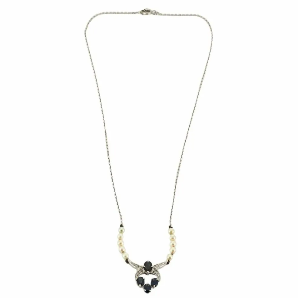 Collier Or Blanc, Diamants, Saphirs et Perles de Culture