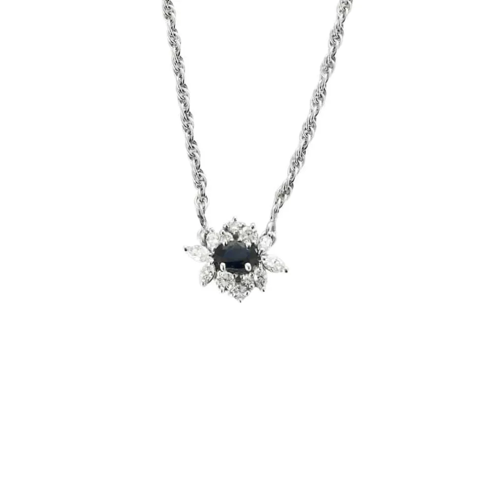 Collier or blanc et pendentif saphir et diamants