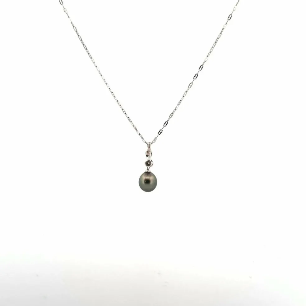 Collier Or Blanc 18k & Perle & Diamant