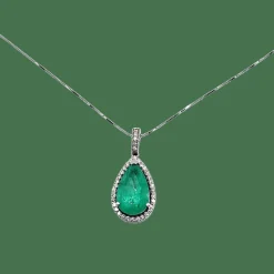 Collier Or gris pendentif goutte Emeraude et Diamants