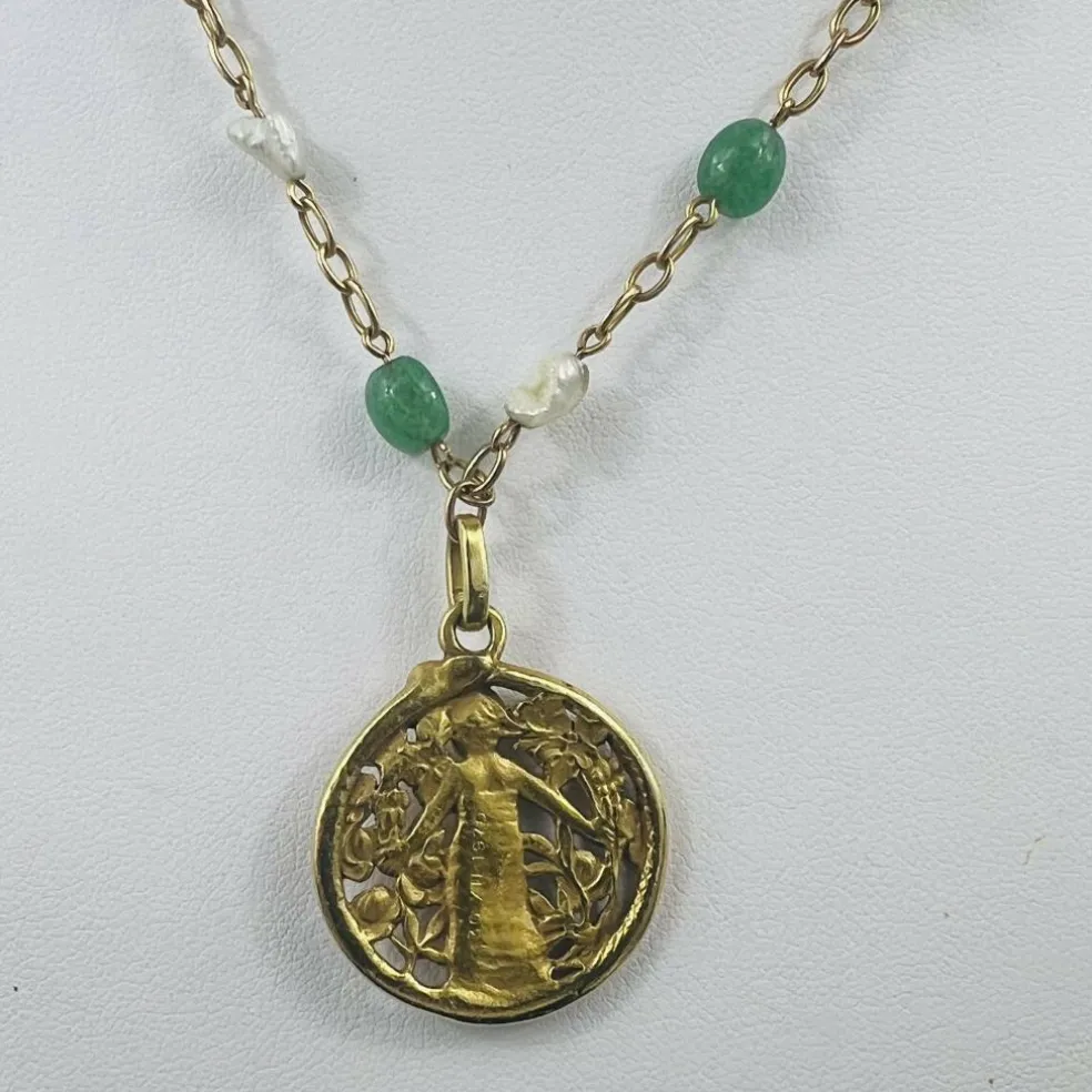 Collier or jaune avec Boule Aventurine et Perle de Culture Keshi