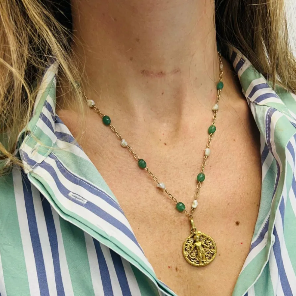 Collier or jaune avec Boule Aventurine et Perle de Culture Keshi