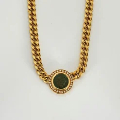 Collier or jaune diamants centré d'une pièce de bronze